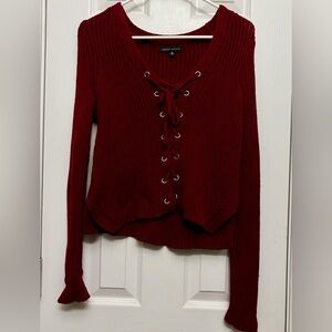 Kendall & Kylie Burgundy Lace-Up V-Neck Ribbed Knit Sweater Size Small